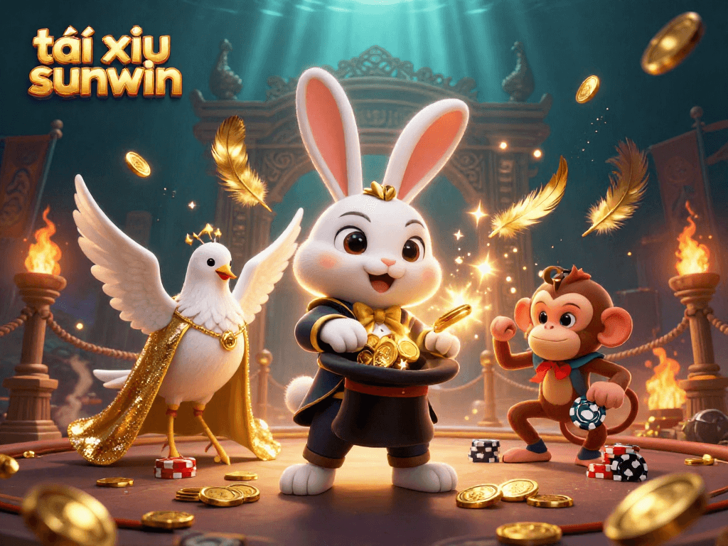 Experience the thrill of tài xỉu sunwin with a vibrant illustration showcasing a magical rabbit and casino characters in action.