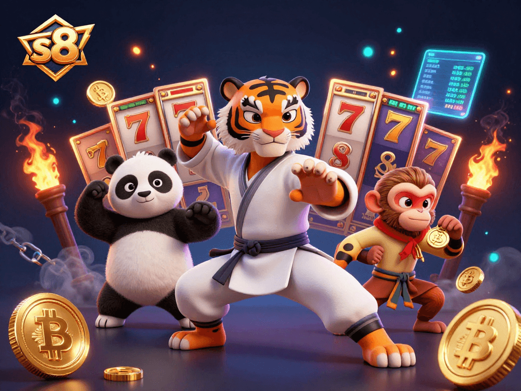 Experience thrilling gameplay with s8 as the kung fu tiger master leads his students in a casino setting.
