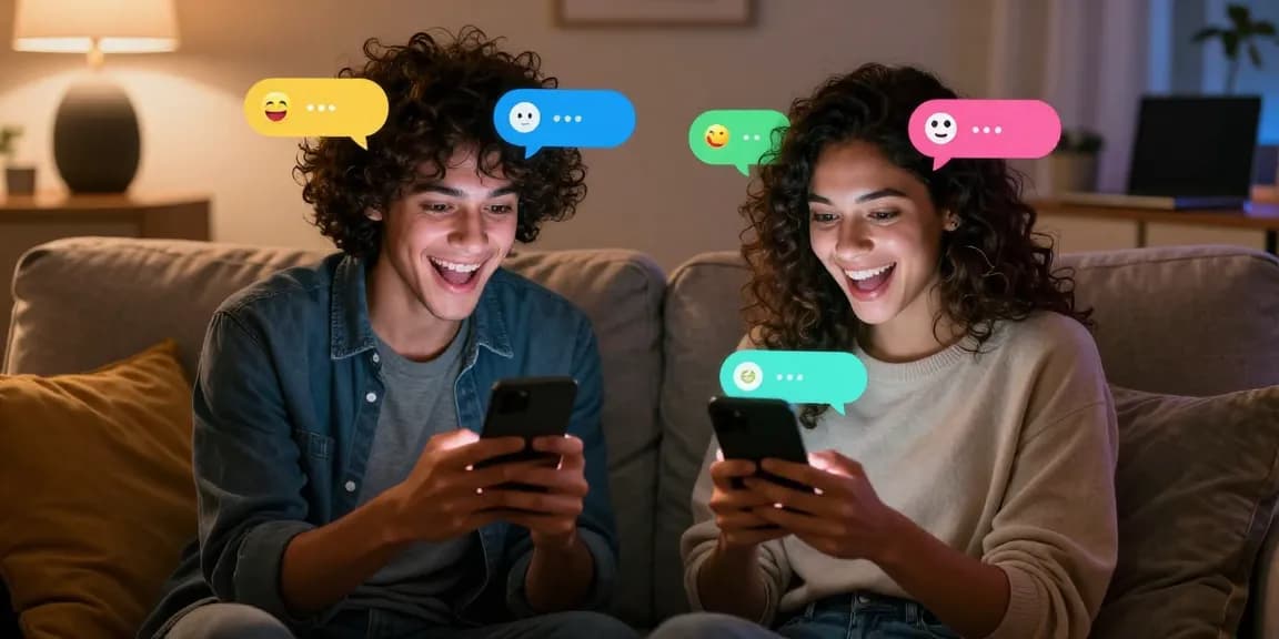 AI sex chat engaging couple using smartphones in cozy atmosphere