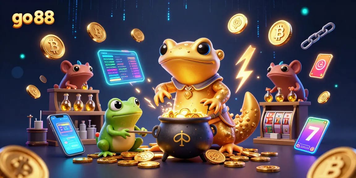 Play go 88 with captivating alchemical scenes featuring gold coins and neon crypto elements.