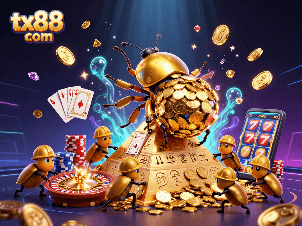 Engage with thrilling casino adventures at tx88 com, featuring dynamic golden beetles and casino symbols in action.