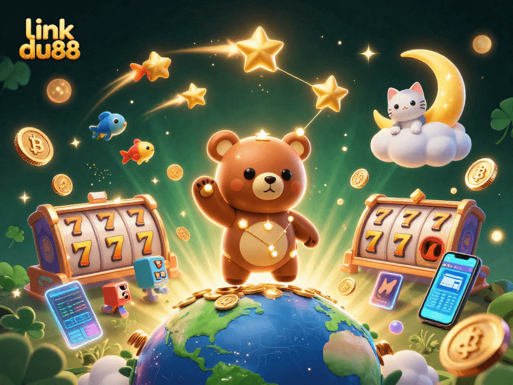 Win big with link du88 in this vibrant, fully packed casino-style illustration.