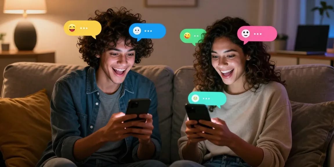 AI sex chat engaging couple using smartphones in cozy atmosphere