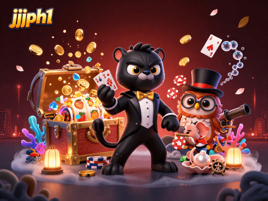 Naglalaro ang jjjph1 ng mga slot reels at poker chips na kasama ang stylish na itim na panther at cute na owl.