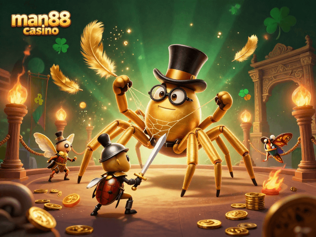 Experience the excitement of man88 casino with a giant golden tarantula, a beetle knight, and casino-themed elements.