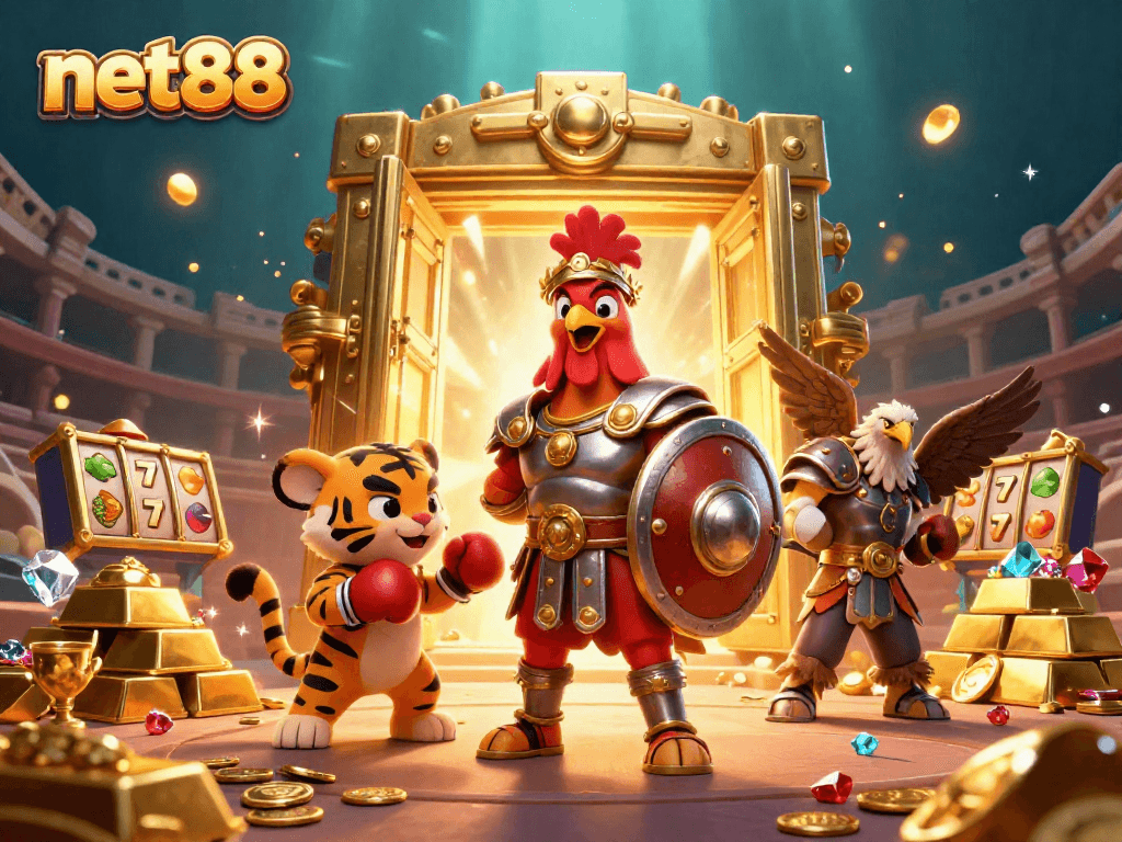 Experience thrilling slots at net88 with a dynamic 3D casino scene featuring inventive characters.