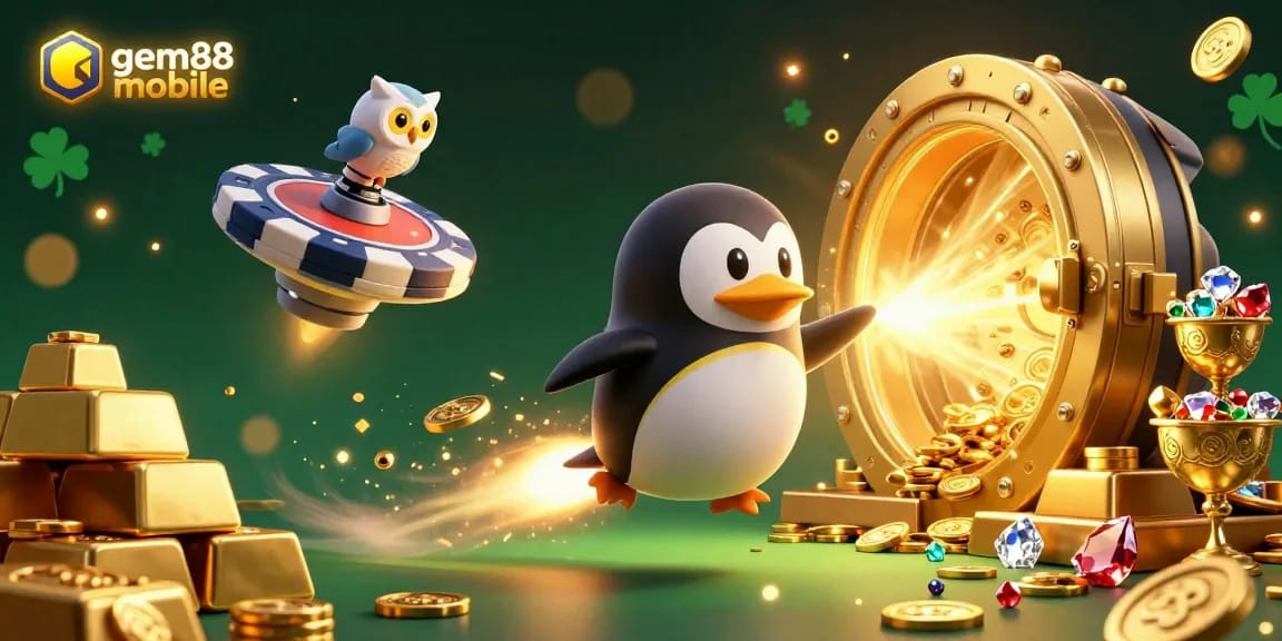 Experience the excitement of gem88 mobile with a golden penguin racing towards a casino space station amidst gold riches.