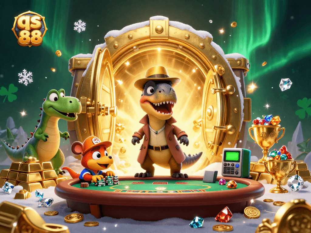 Experience thrilling bets at qs 88 with a velociraptor at a blackjack table surrounded by sparkling treasures.