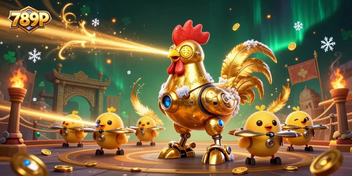 Engage in thrilling gaming at 789P with a retro-futuristic theme featuring casino robots and golden decorations.