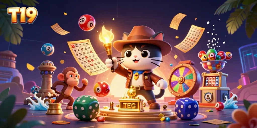 Experience engaging gameplay at T19 as the adventurous cat uncovers casino treasures amid vibrant lottery elements.