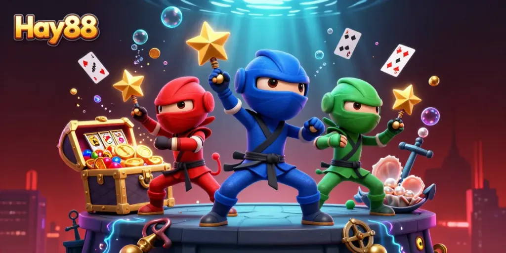 Experience thrilling gaming at Hay88 with an action-packed illustration of ninja chameleons amidst exploding treasures and vibrant game elements.