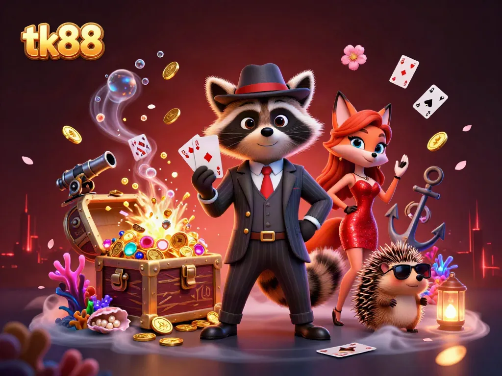 Engage in exciting gameplay featuring tk88's raccoon and fox in a vibrant casino-themed adventure.