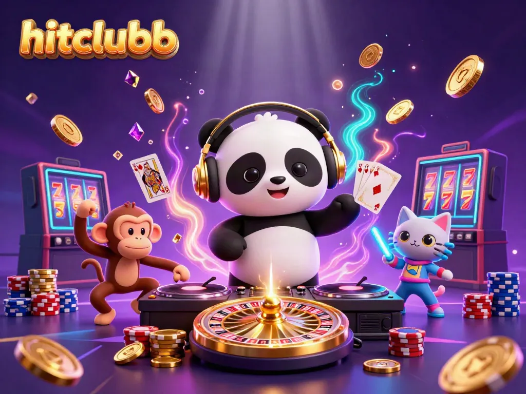 Hitclubb spins with a vivid 3D illustration of a DJ panda, breakdancing monkey, and rave kitten amidst casino elements.