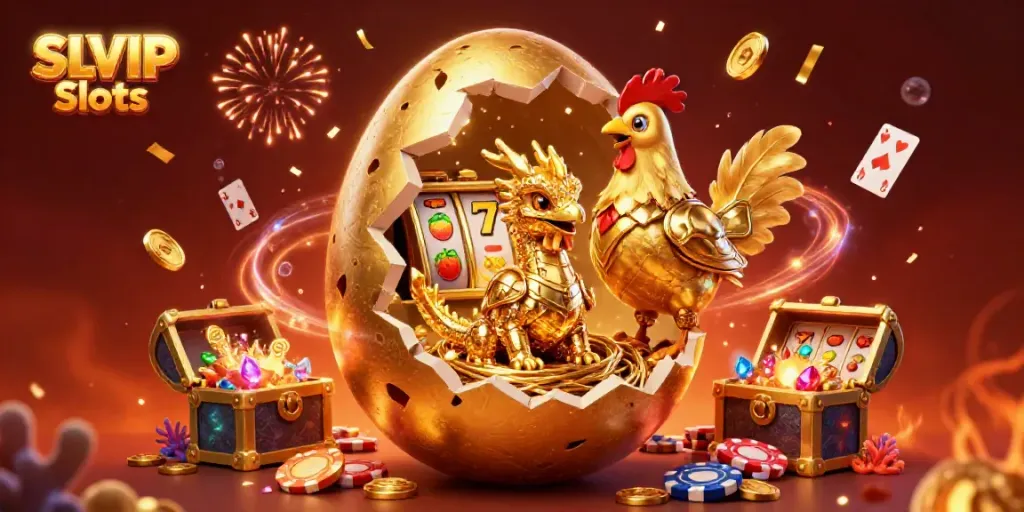 Experience thrilling SLVIP Slots with a golden dragon guarding treasure in a vibrant casino scene.