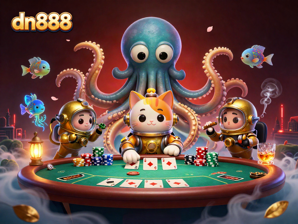 Engage with dn888’s thrilling poker atmosphere, featuring a kraken, diving cat, and vibrant casino elements.