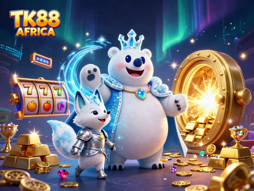 Win big at TK88 AFRICA with charming characters amidst slot reels and treasures in a dazzling scene.