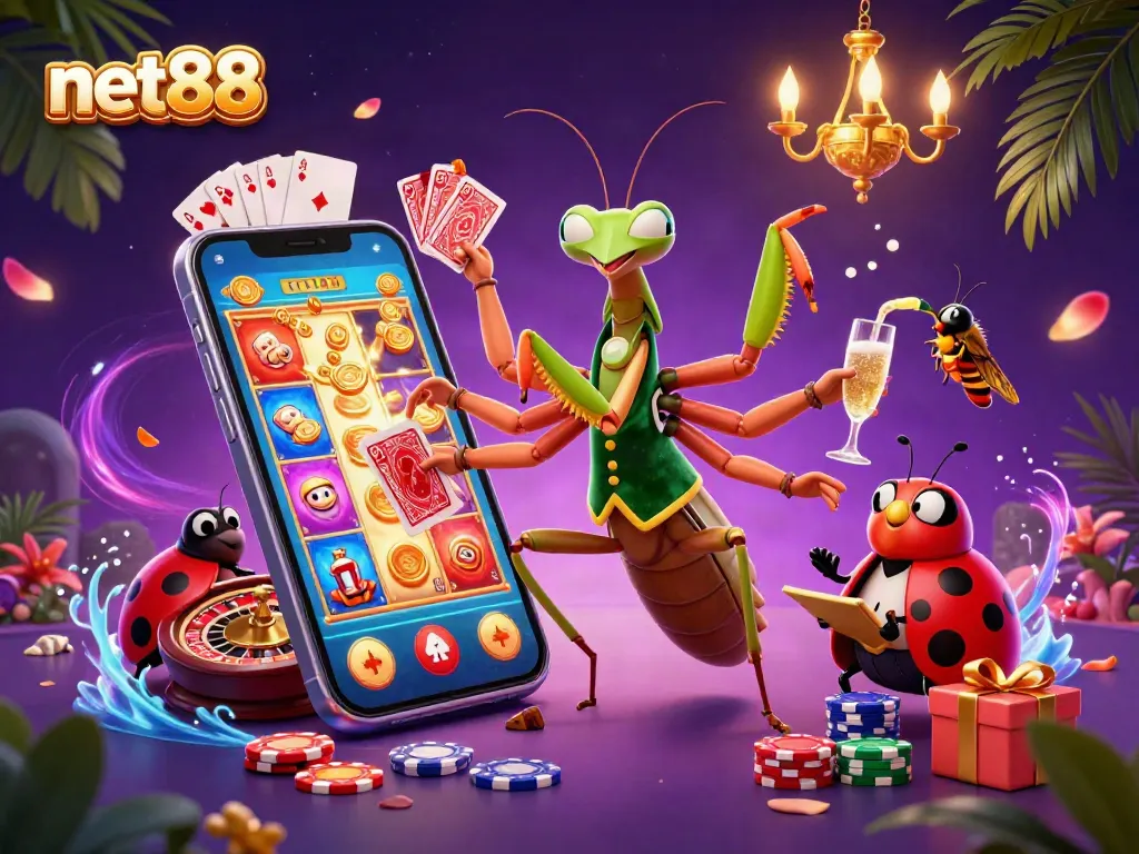 Engage in thrilling betting activities with net88's vibrant 3D casino illustration featuring lively characters.