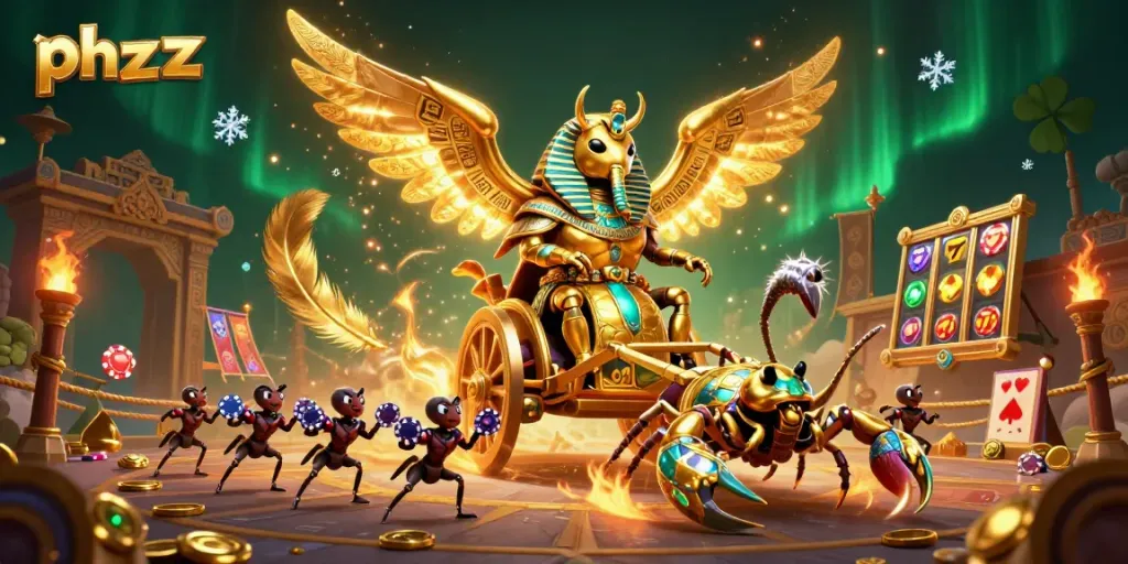 Experience the excitement of phzzz in a vibrant 3D casino scene with a golden scarab and poker chips.