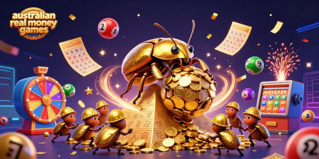 Engage in australian real money casino games with vibrant elements and dynamic energy in this illustration.