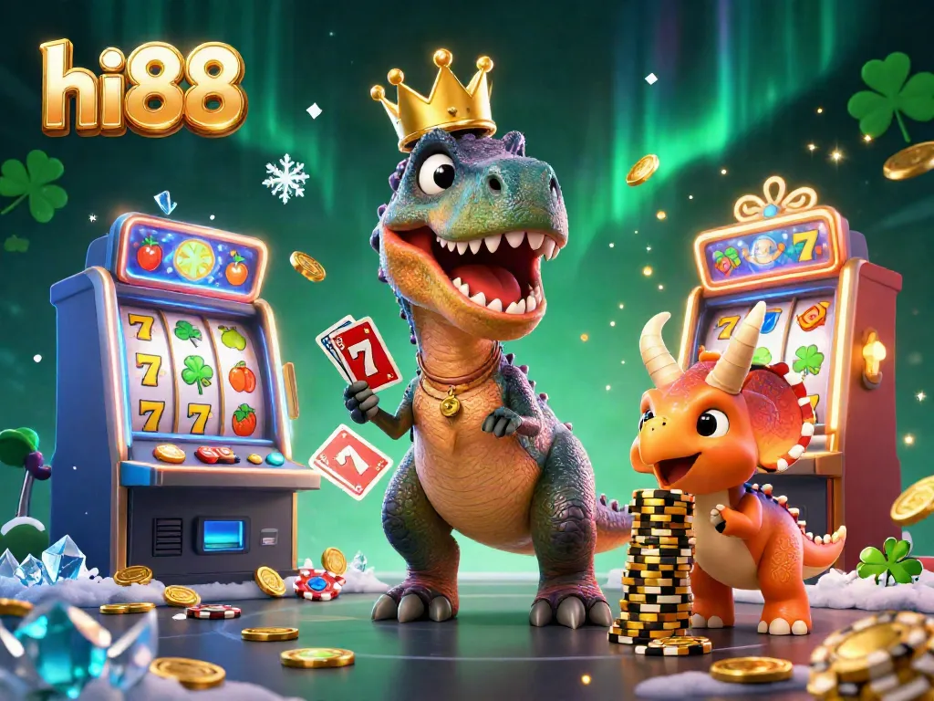 Experience exciting gameplay with hi88, featuring a T-Rex shuffling cards in a vibrant casino atmosphere.