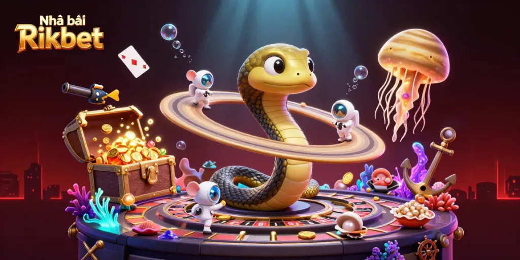 Engage in thrilling bets at Nhà cái Rikbet with vibrant 3D casino illustration depicting cosmic gameplay.