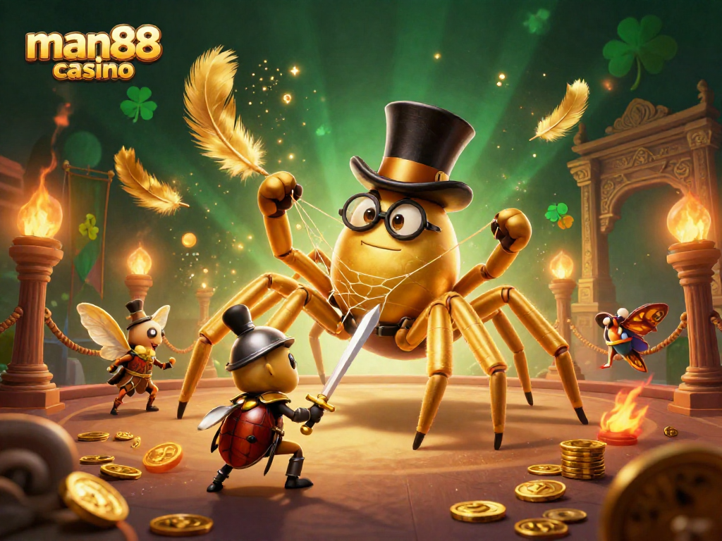 Experience the excitement of man88 casino with a giant golden tarantula, a beetle knight, and casino-themed elements.