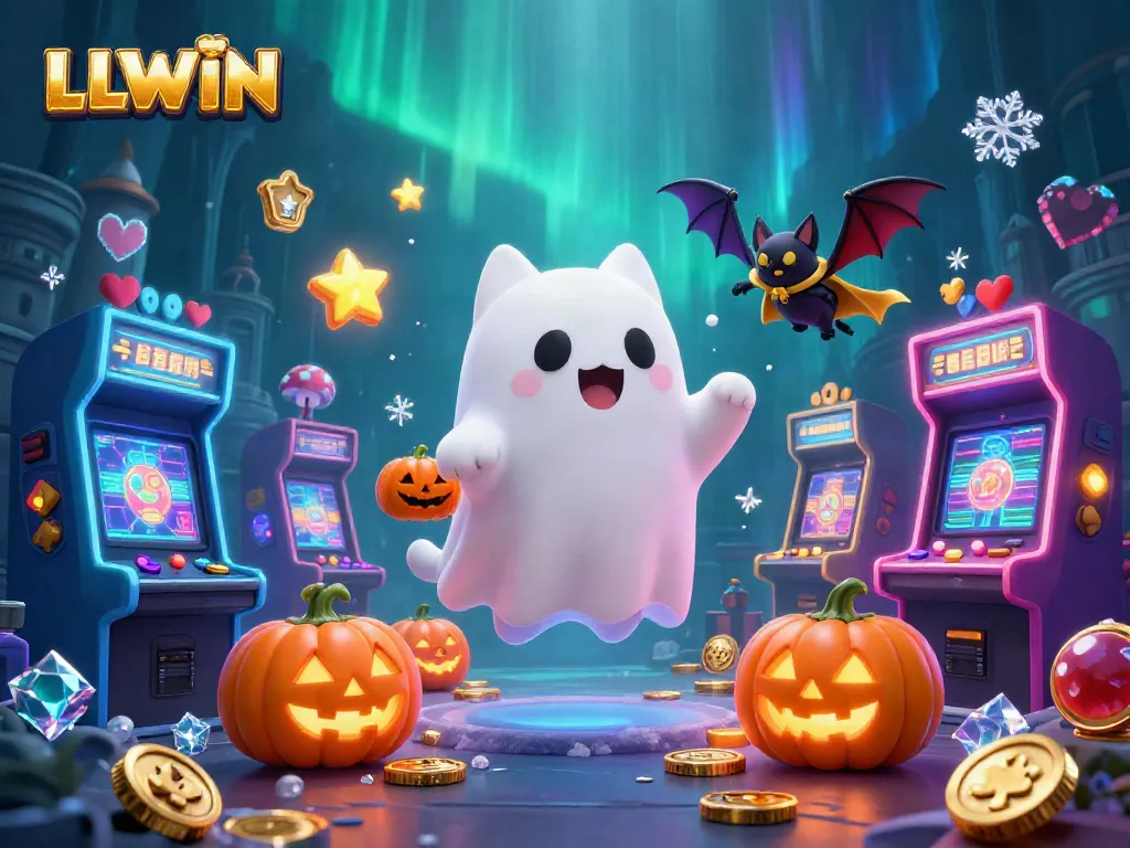 LLWIN ghost cat explores a haunted casino, revealing vibrant gaming elements.
