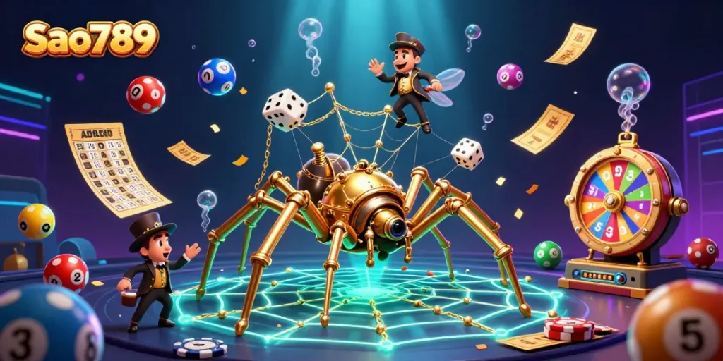 Sao789 features a steampunk spider and a Victorian fly amidst vibrant casino elements, showcasing dynamic game action.