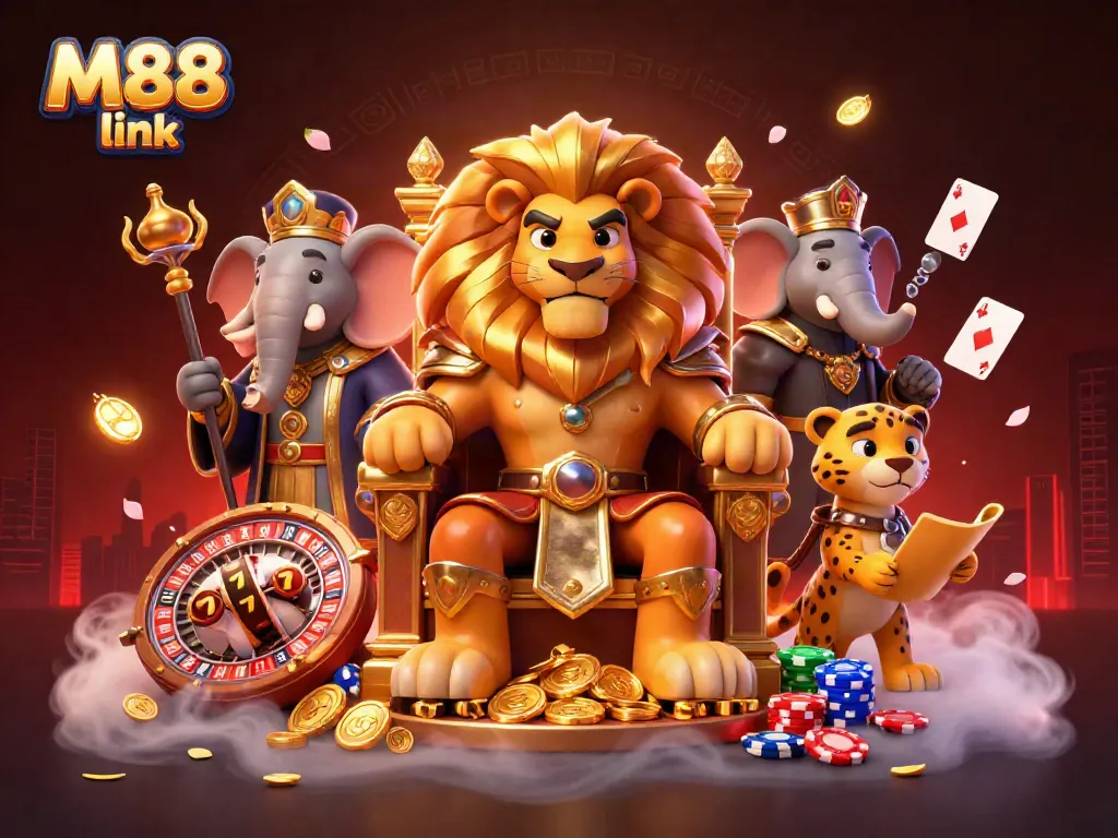Gamblers enjoy a dynamic scene with M88 link featuring lion king, elephant advisor, and cheetah messenger.