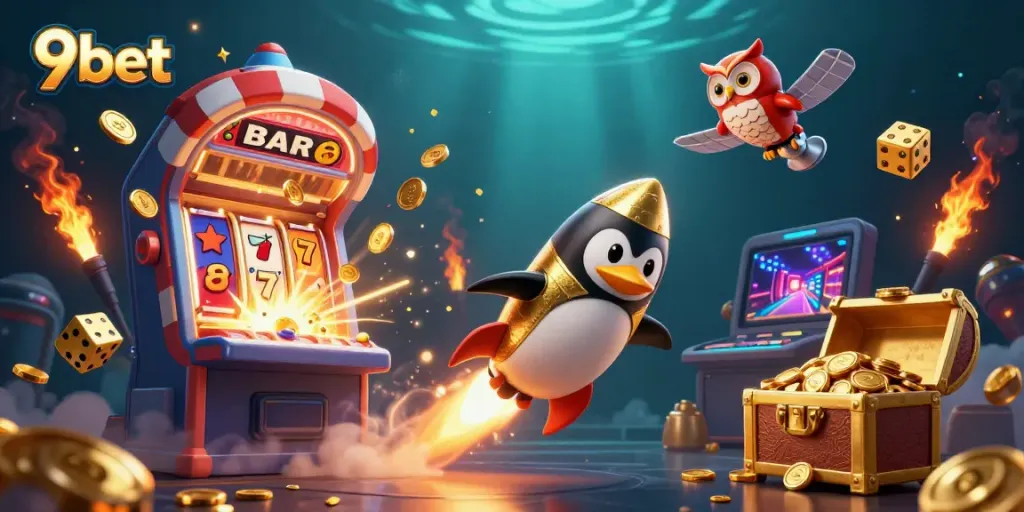 Join the exciting adventure at 9bet with slots and live casino elements bursting in a vibrant illustration.