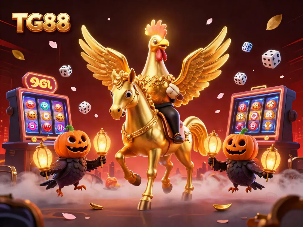 Experience thrilling gaming action with TG88's golden rooster character amidst a vibrant casino scene.