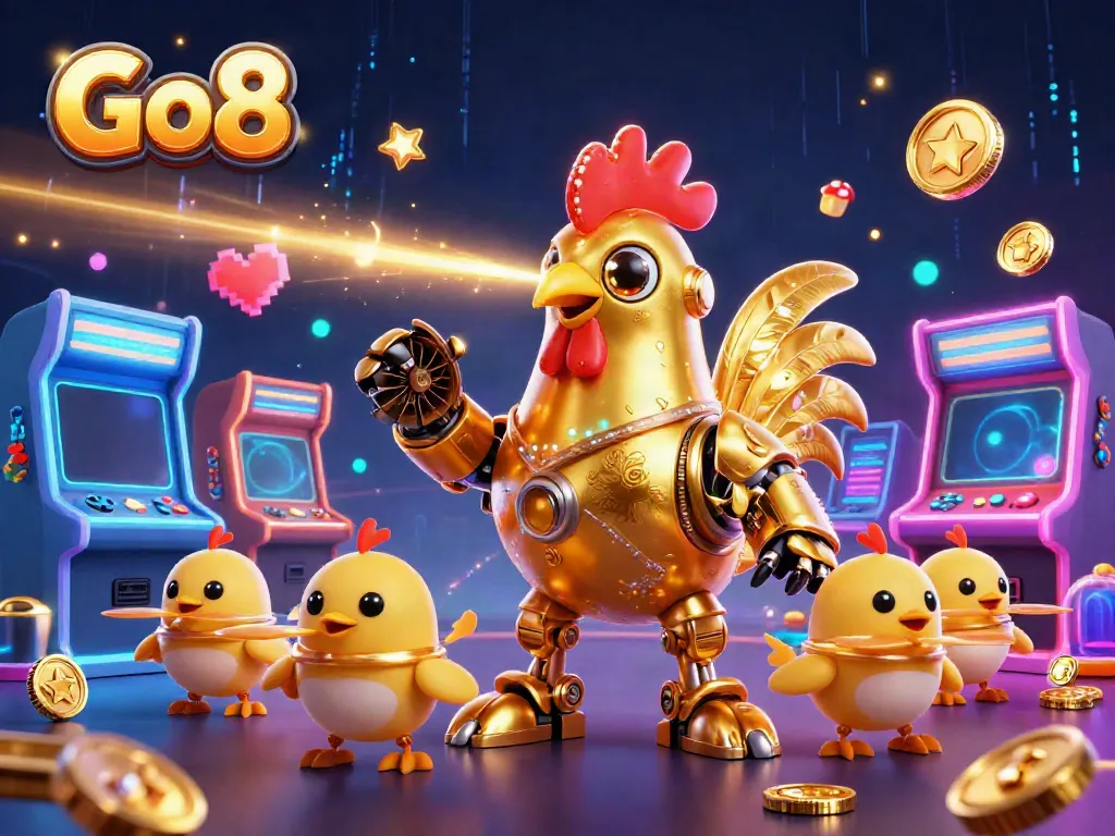 Experience the thrilling Go8 gaming adventure with a golden rooster robot and dynamic arcade elements.