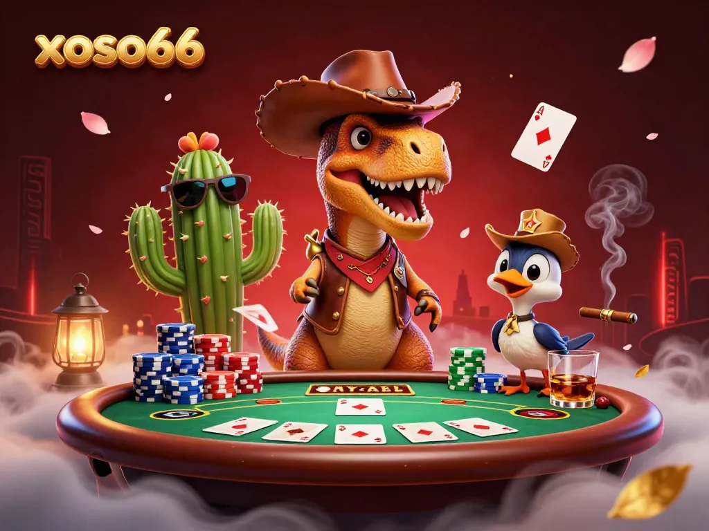 xoso66 captures the excitement of poker with lively characters at a vibrant casino scene