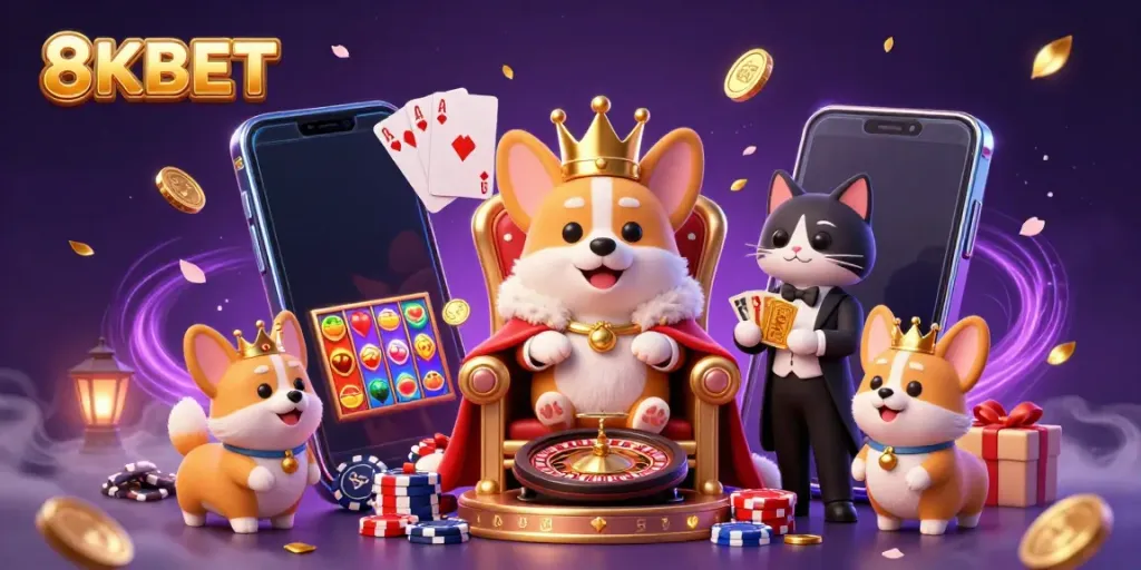 Join the fun at 8KBET with a vibrant 3D illustration of royal corgis and gaming elements.