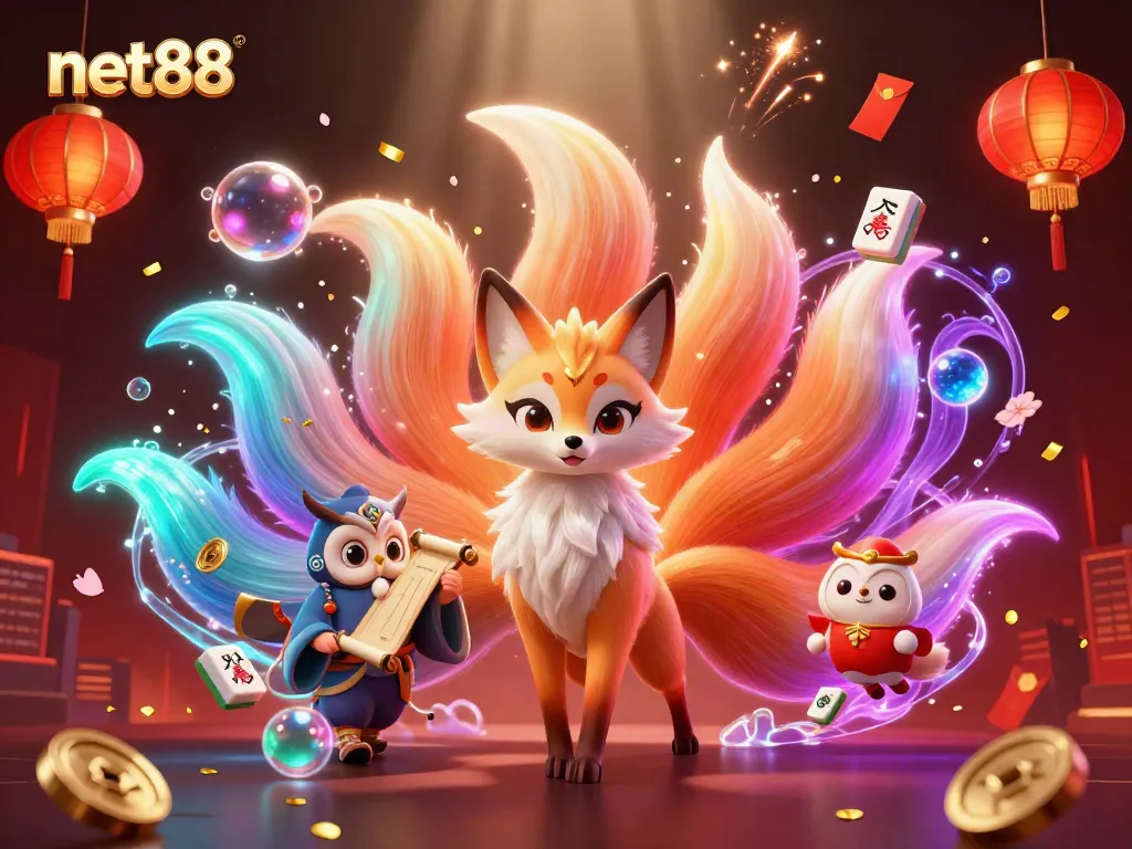 Engage with net88's vibrant gaming world featuring a nine-tailed fox, wise owl, and colorful game elements.