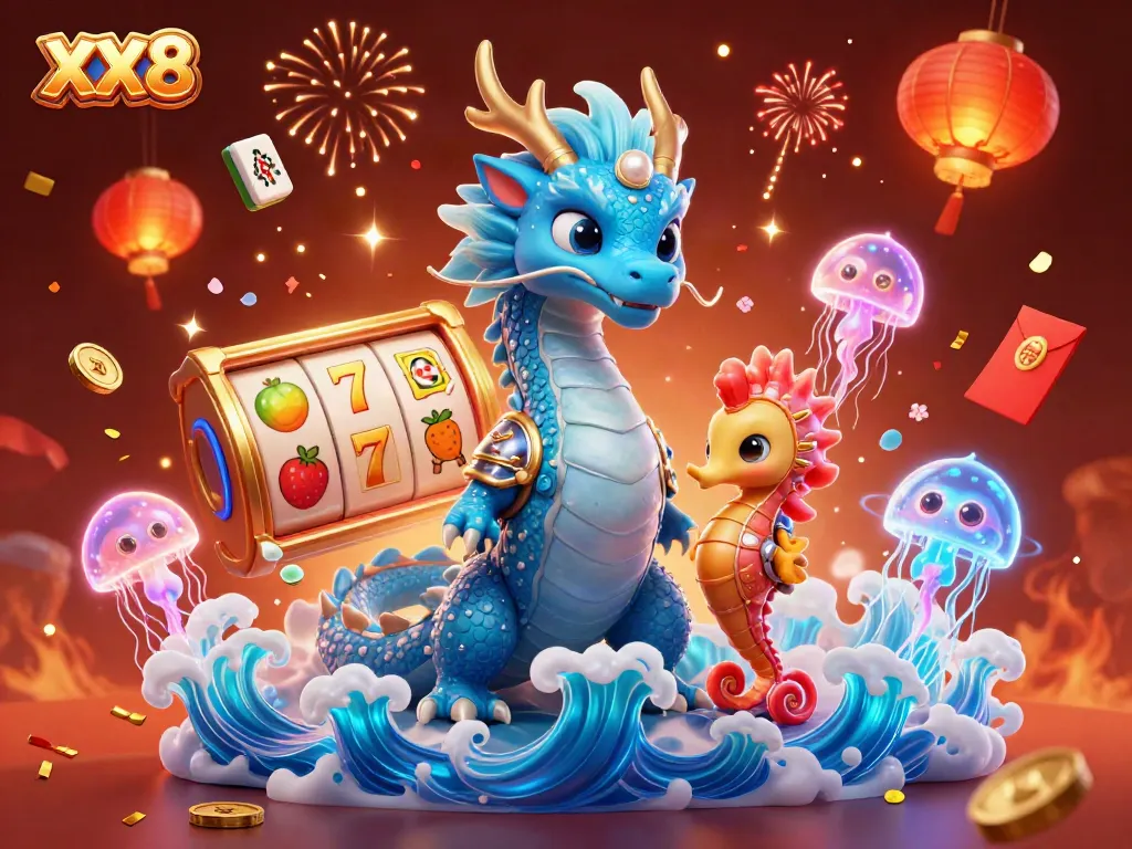 Experience the magic of XX8 online gaming amidst slot reels and festive elements.