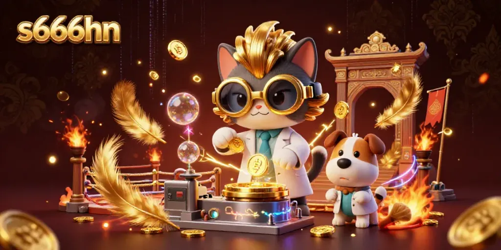 Experience thrilling casino action with s666hn's mad scientist cat and playful dog in a vibrant lab.