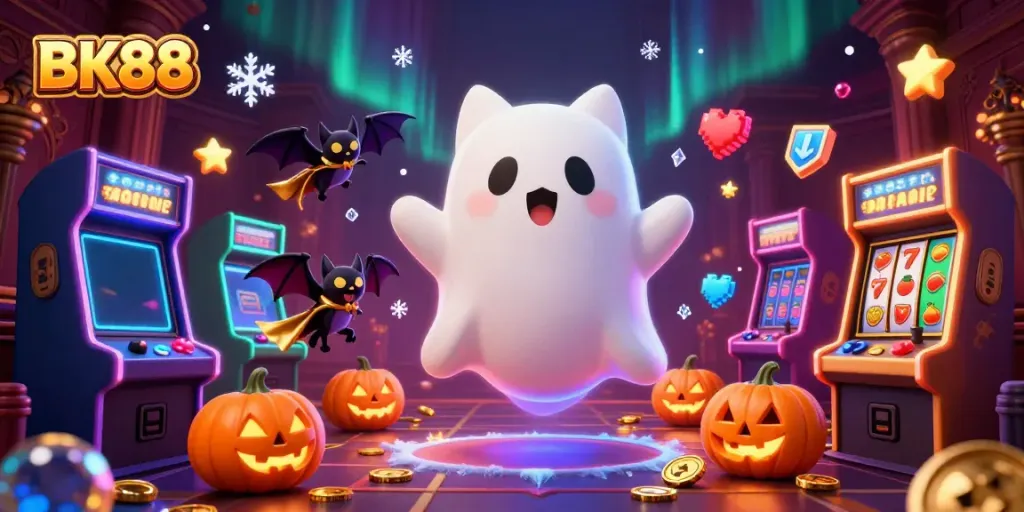 Engage with BK88 at a haunted casino, featuring a ghost cat and vibrant slot elements.