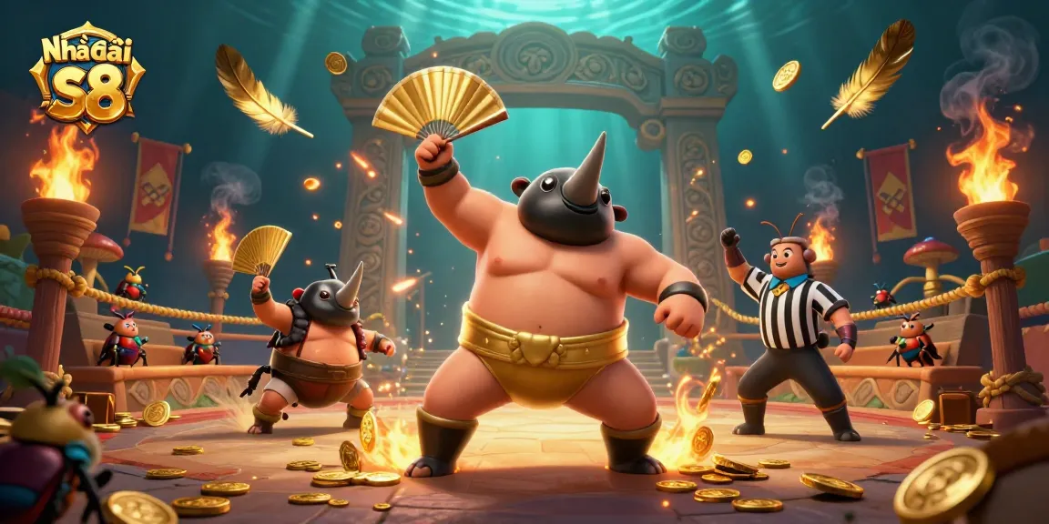 Engage with Nhà cái s8's vibrant betting arena featuring dynamic characters and gold coins scattered around.