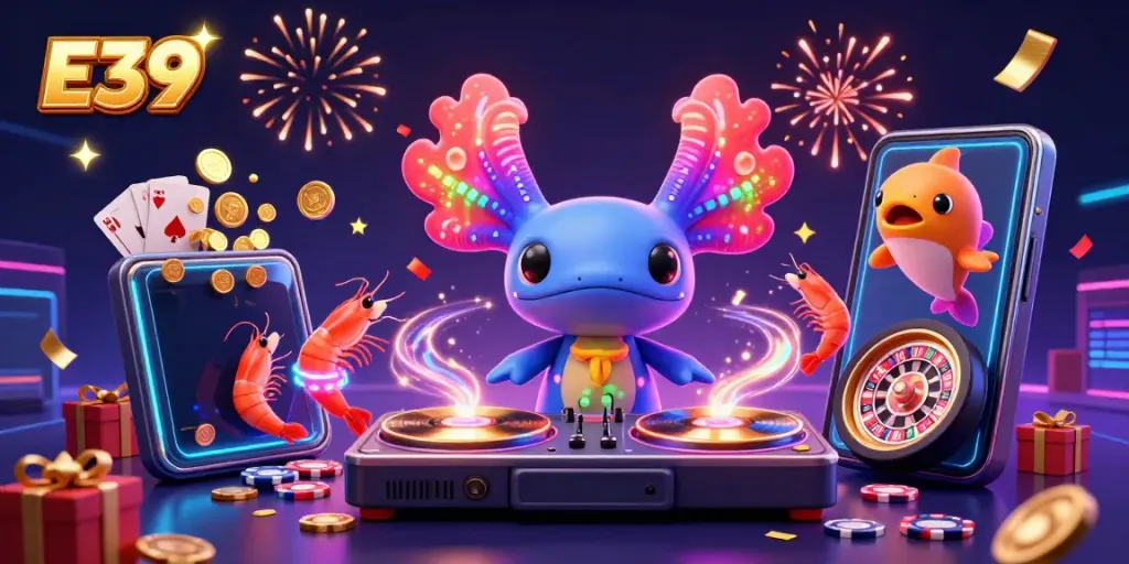 E39 jackpots come to life with a vibrant 3D scene featuring an axolotl DJ and dancing shrimp.