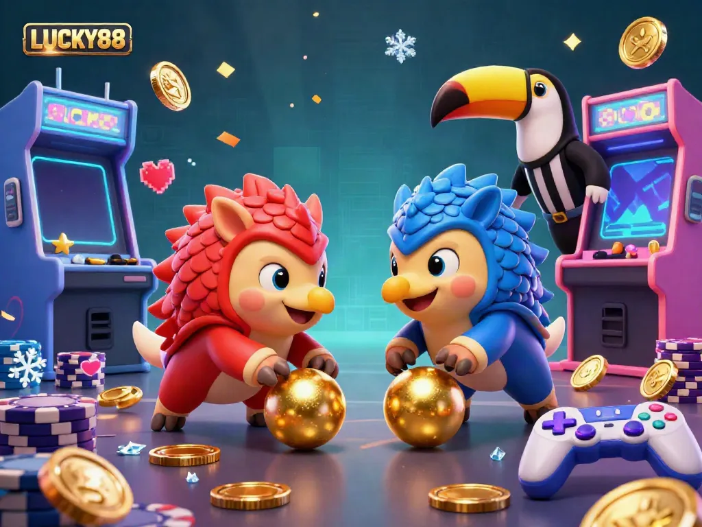 Engage with LUCKY88 in a vibrant 3D scene featuring pangolins bowling through poker chips and game elements.