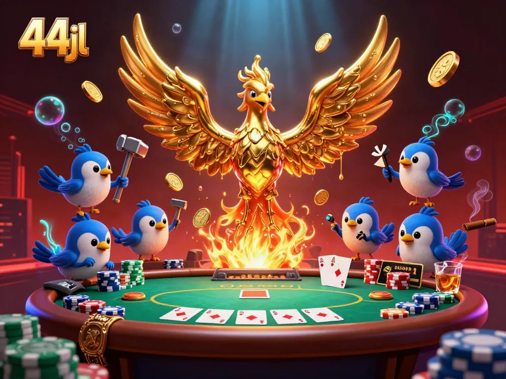 Experience winning moments at 44jl casino with gold phoenix and poker scenes.