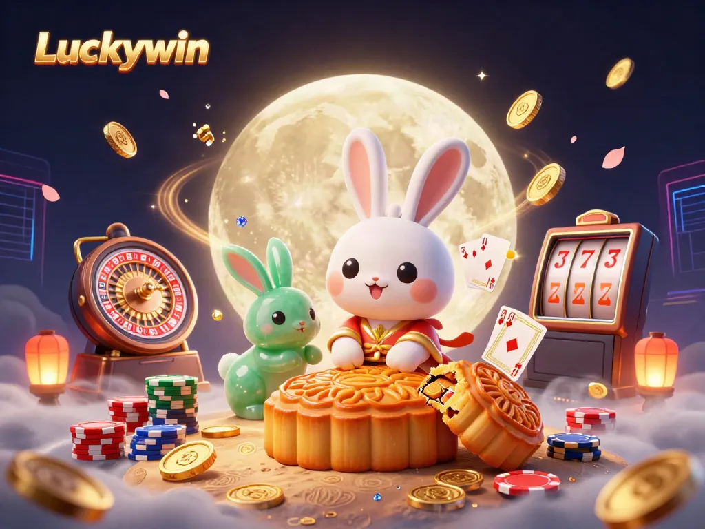 Experience thrilling gaming at Luckywin with vibrant slots, poker, and roulette in a dazzling 3D illustration.