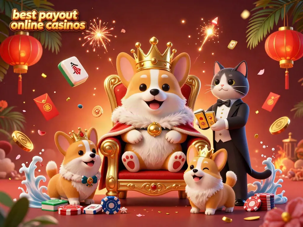 Experience the royal atmosphere at the best payout online casinos with this 3D illustration featuring a corgi and cat butler in a vibrant casino setting.