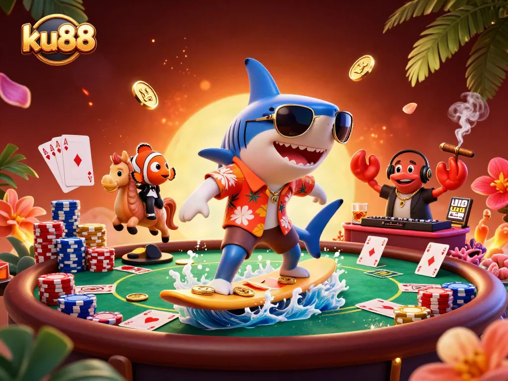 Engage in winning strategies with ku88 as a vibrant shark character surfs on gold coins amid a lively casino scene.
