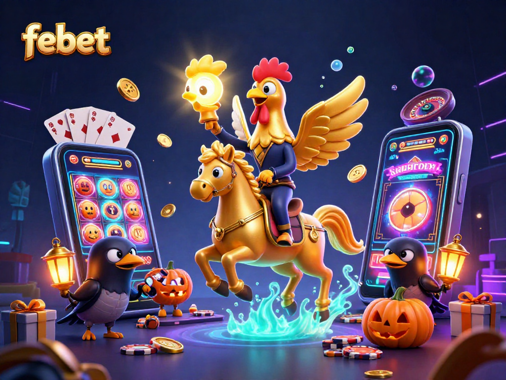 Experience the thrilling games at febet, featuring a fantasy-inspired casino scene with a golden rooster and spectral horse.