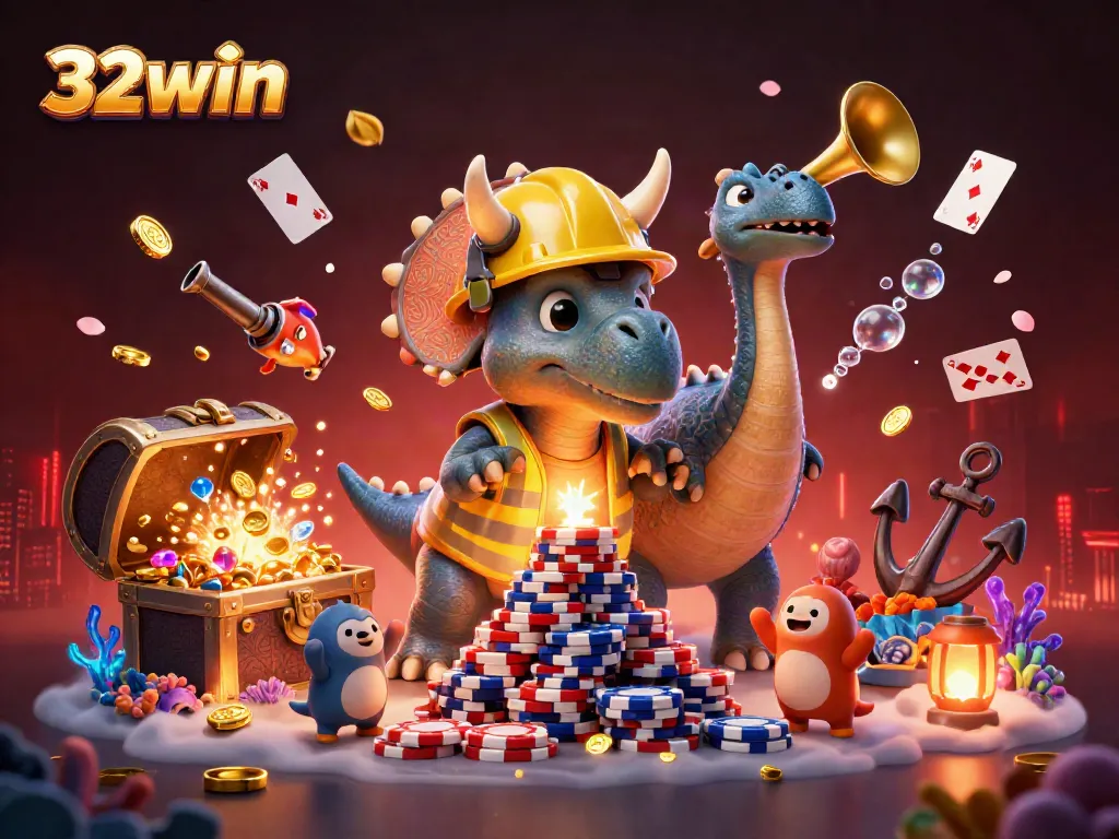 Experience winning with the vibrant energy of 32win as cartoon characters celebrate amidst poker chips and gems.