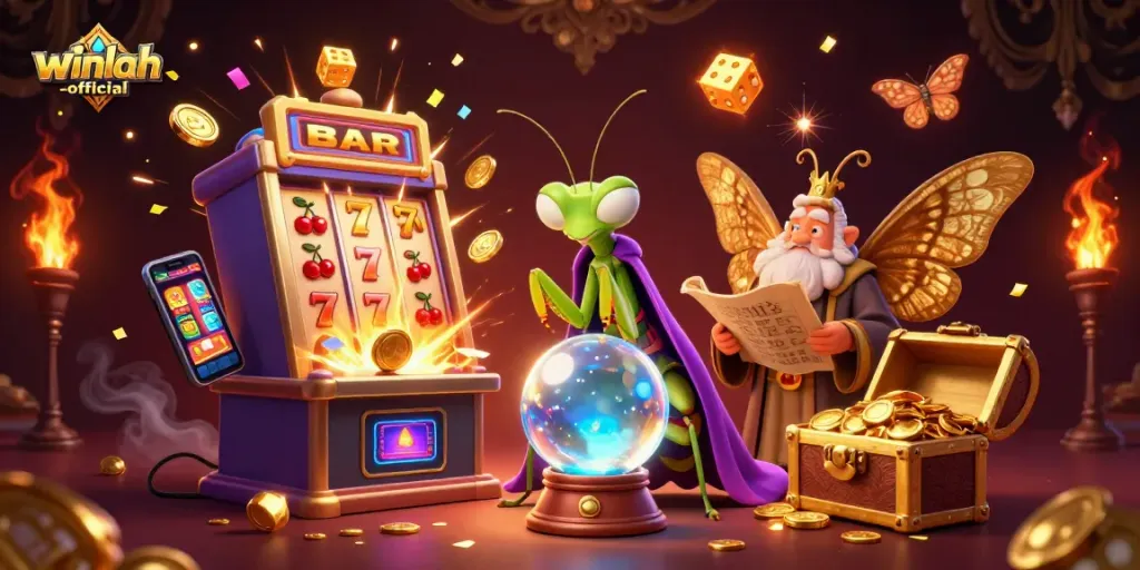 Experience the magic of winlah-official with a whimsical casino scene featuring colorful slot machines and charming characters.