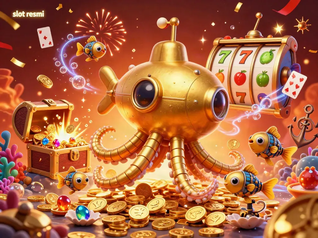 Experience the thrill of slot resmi with a golden kraken submarine amidst treasure and excitement.
