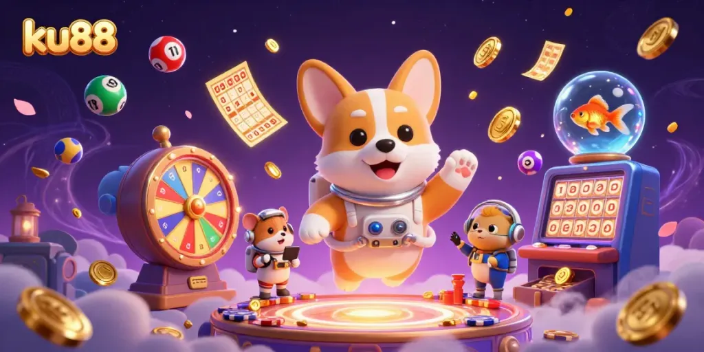 Experience the thrilling adventures at ku88 with a vibrant 3D casino scene featuring a floating corgi and colorful lottery elements.